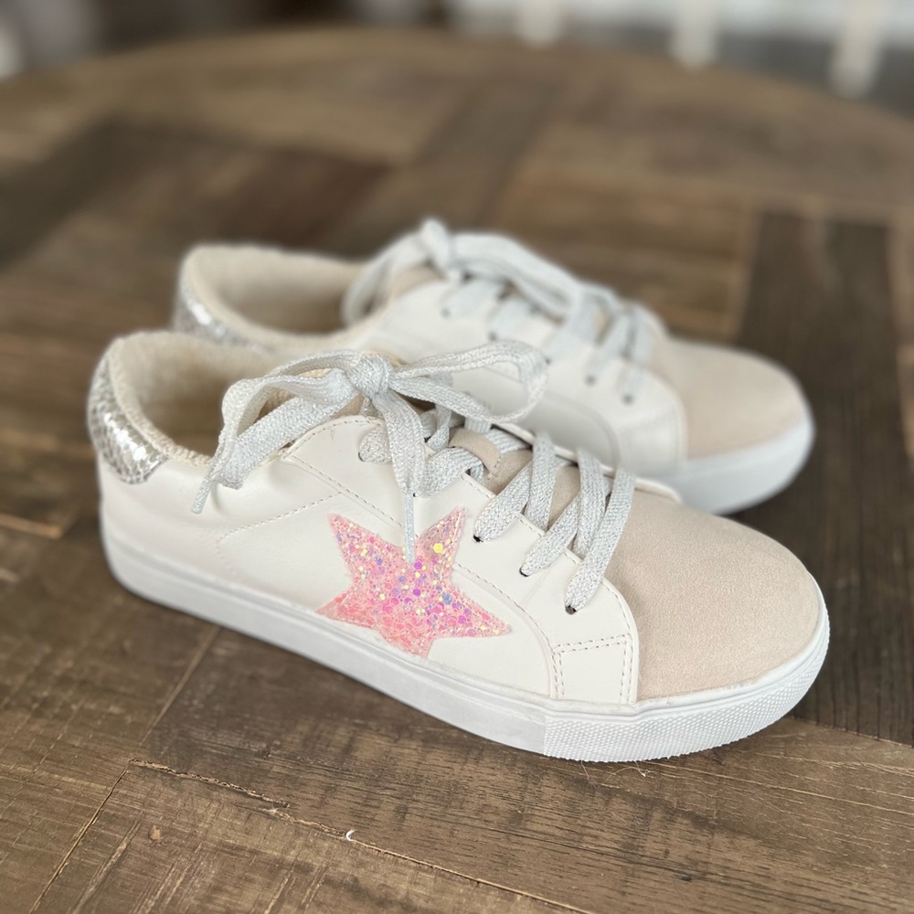 Steve Madden Girls Pink Glitter Star Sneakers Size 4 Youth Sparkle Retro - Picture 3 of 13